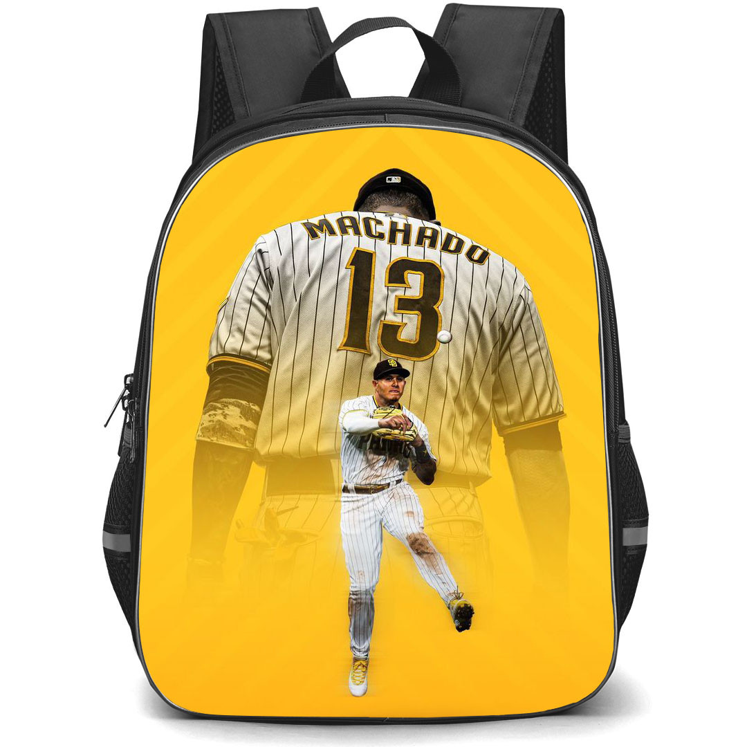 MLB Manny Machado Backpack StudentPack - Manny Machado 13 San Diego Padres Back On Orange Background