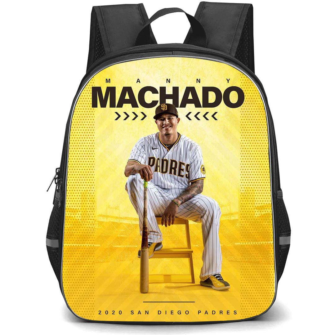 MLB Manny Machado Backpack StudentPack - Manny Machado San Diego Padres Sitting On Chair Yellow Background