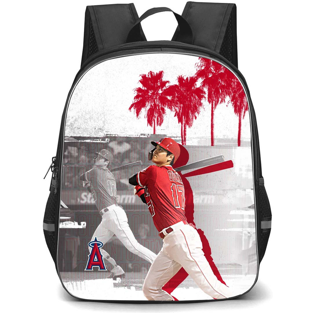 MLB Shohei Ohtani Backpack StudentPack - Shohei Ohtani Los Angeles Angels Hitting Pose On Grayscale Background