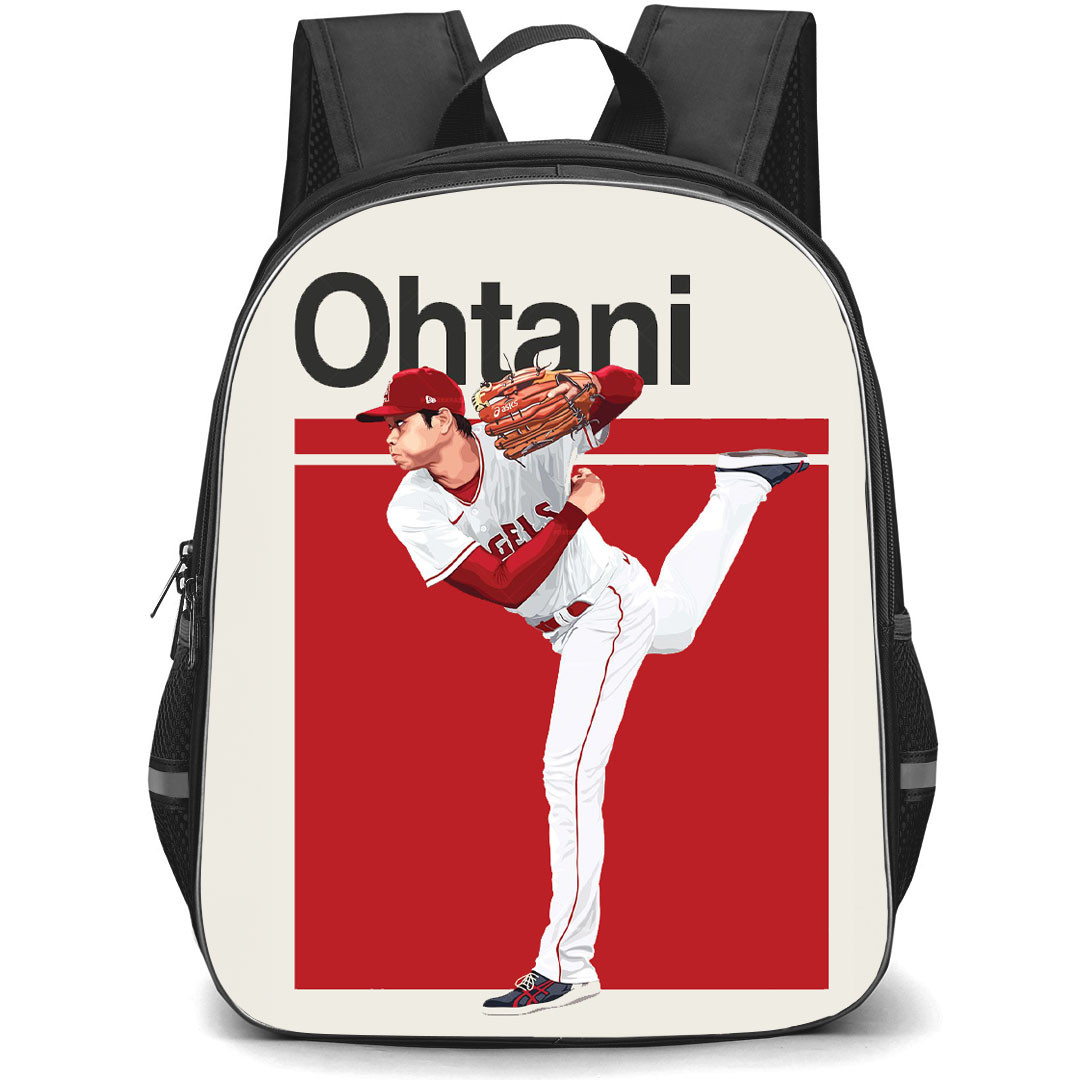 MLB Shohei Ohtani Backpack StudentPack - Shohei Ohtani Los Angeles Angels Pitching Illustration On Red Background