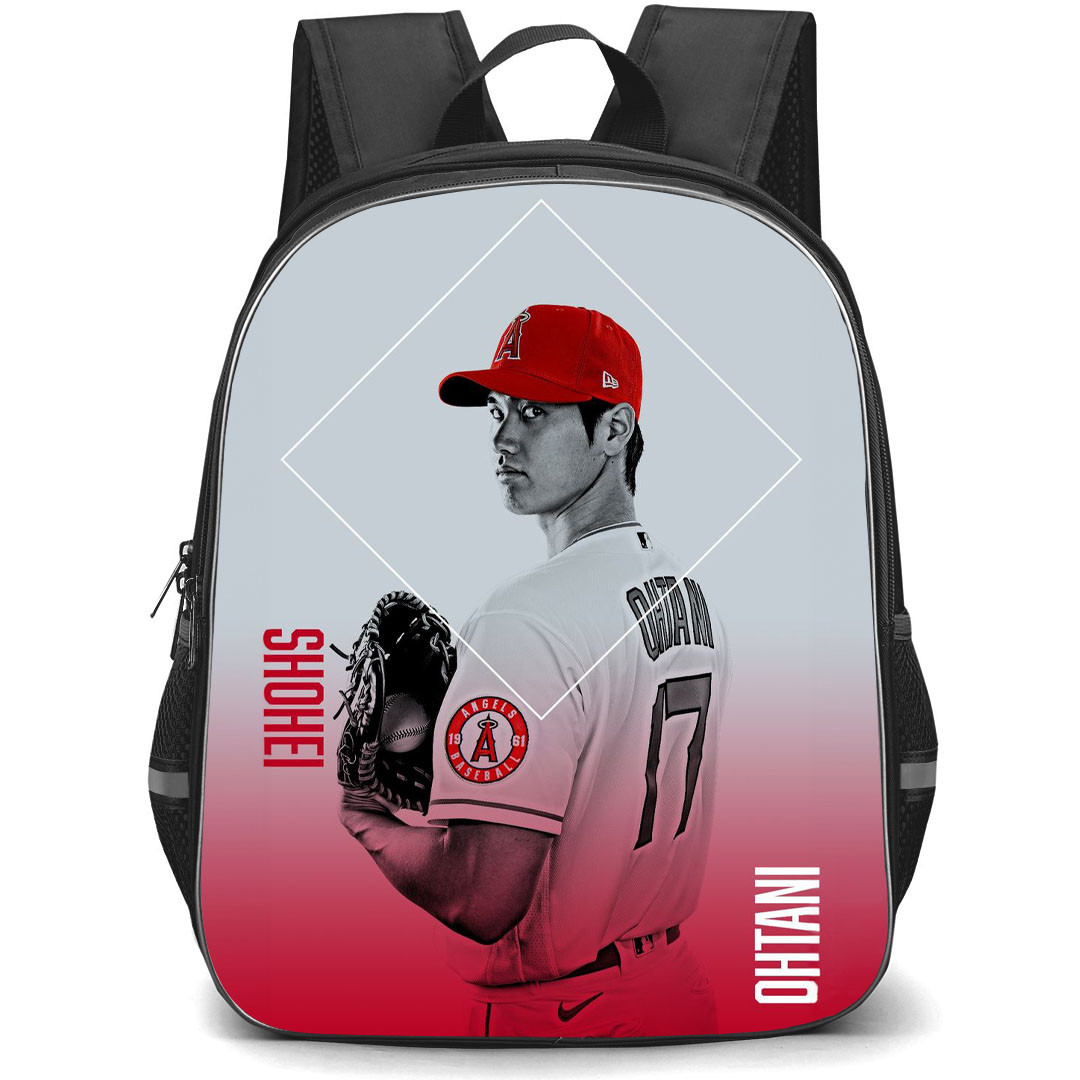 MLB Shohei Ohtani Backpack StudentPack - Shohei Ohtani Los Angeles Angels Side Portrait On Gray And Red Background