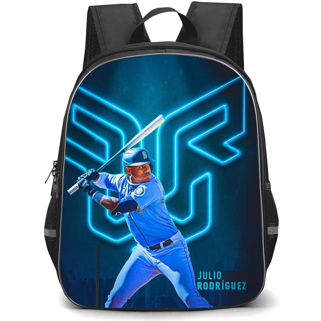 MLB Julio Rodriguez Backpack StudentPack - Julio Rodriguez Seattle Mariners Hitting Pose Poster Neon Background