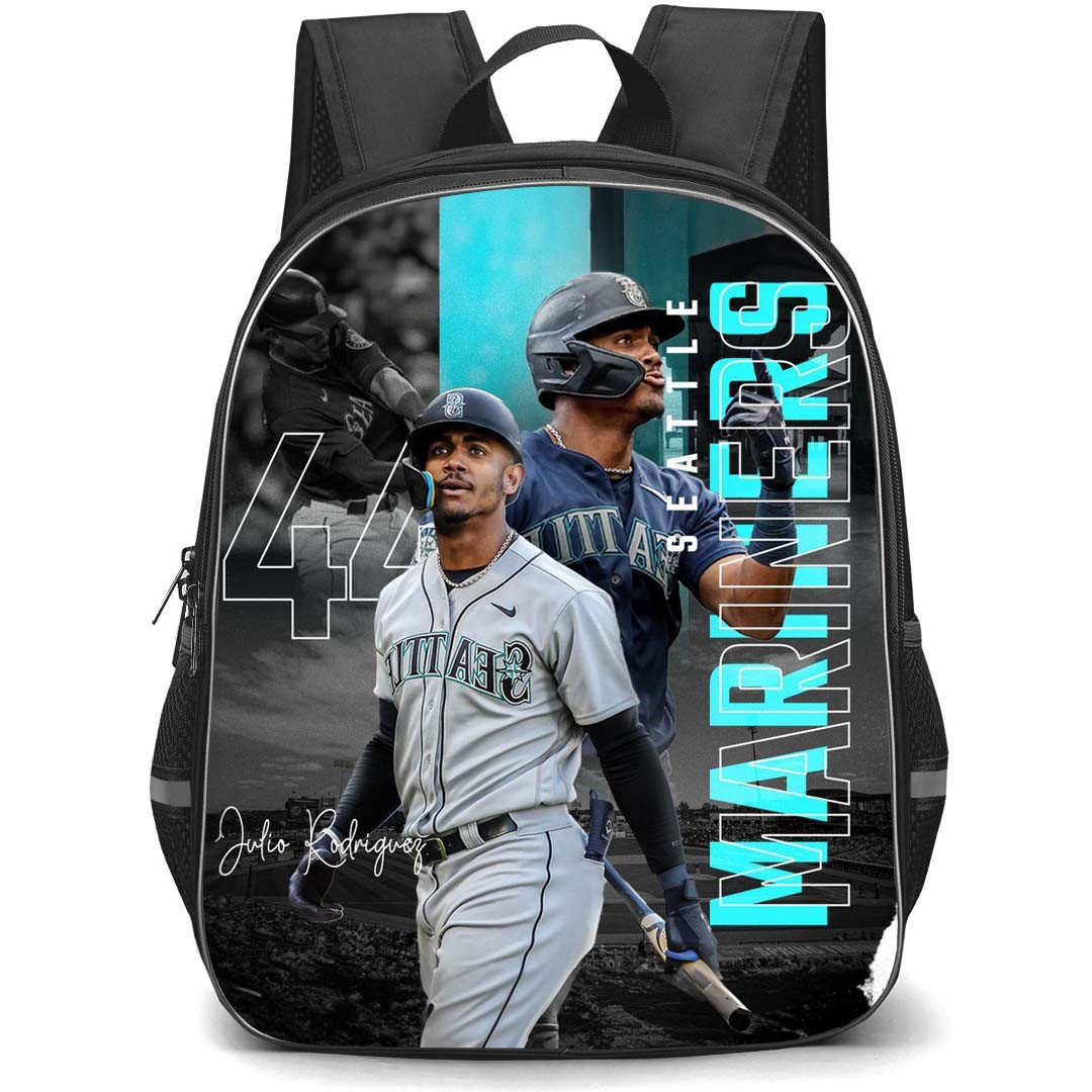 MLB Julio Rodriguez Backpack StudentPack - Julio Rodriguez 44 Seattle Mariners Standing On Grayscale Background