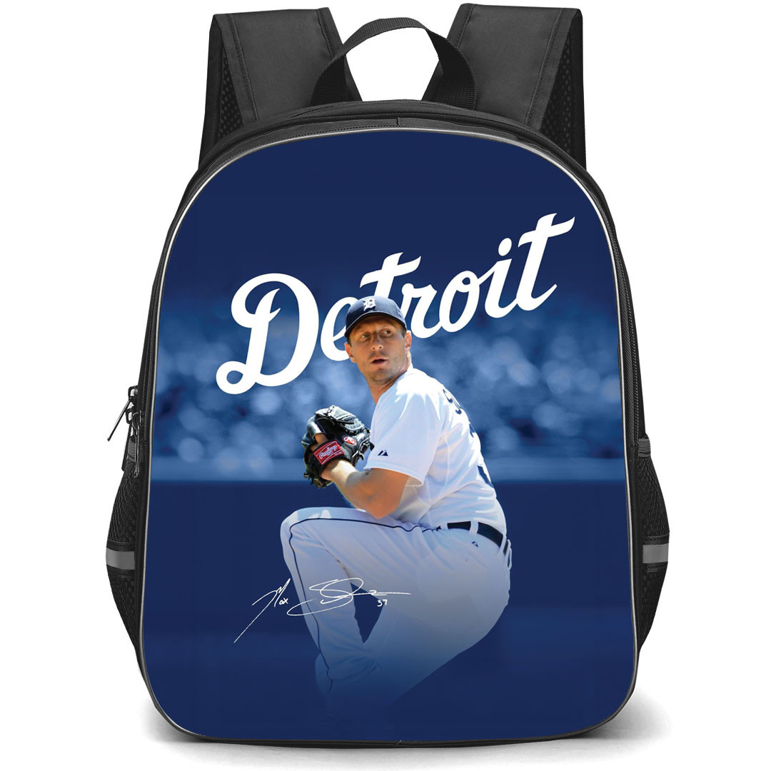 MLB Max Scherzer Backpack StudentPack - Max Scherzer Texas Rangers Pitching Posture Blue Background