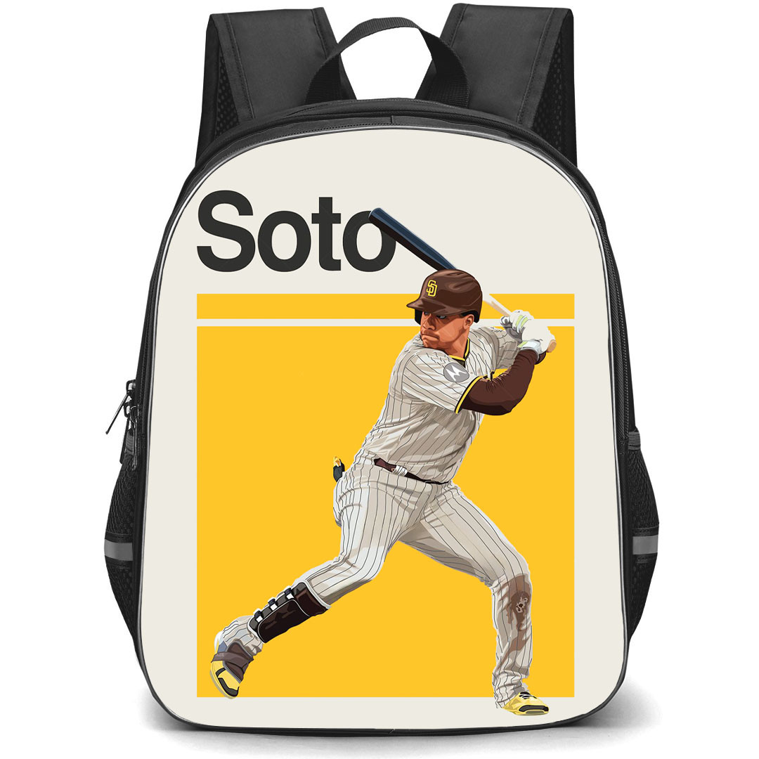 MLB Juan Soto Backpack StudentPack - Juan Soto San Diego Padres Hitting Pose On Yellow Background