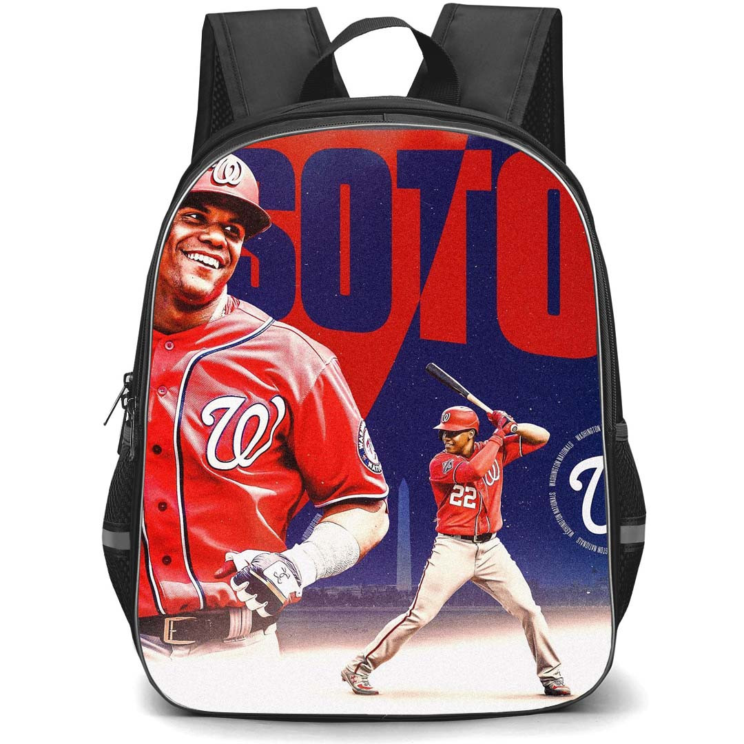 MLB Juan Soto Backpack StudentPack - Juan Soto San Diego Padres Smiling Portrait Red Blue Background