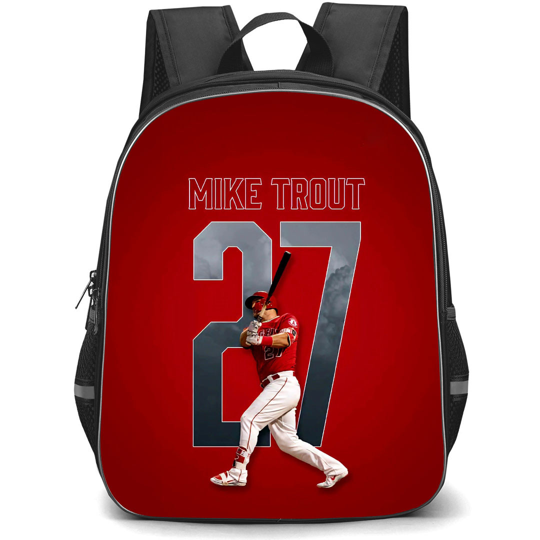 MLB Mike Trout Backpack StudentPack - Mike Trout 27 Los Angeles Angels Hitting Posture On Red Background