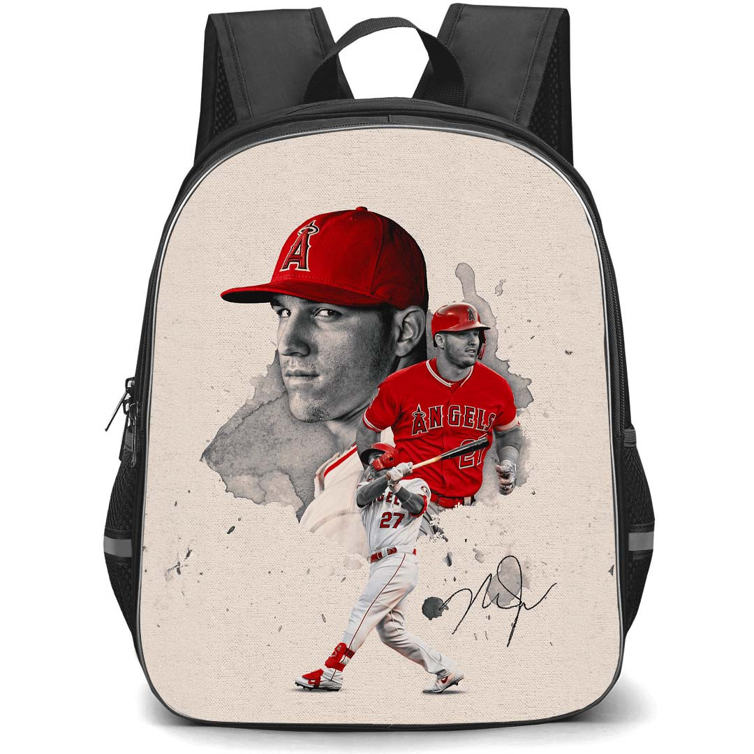 MLB Mike Trout Backpack StudentPack - Mike Trout Los Angeles Angels Grayscale Portrait On Beige Background