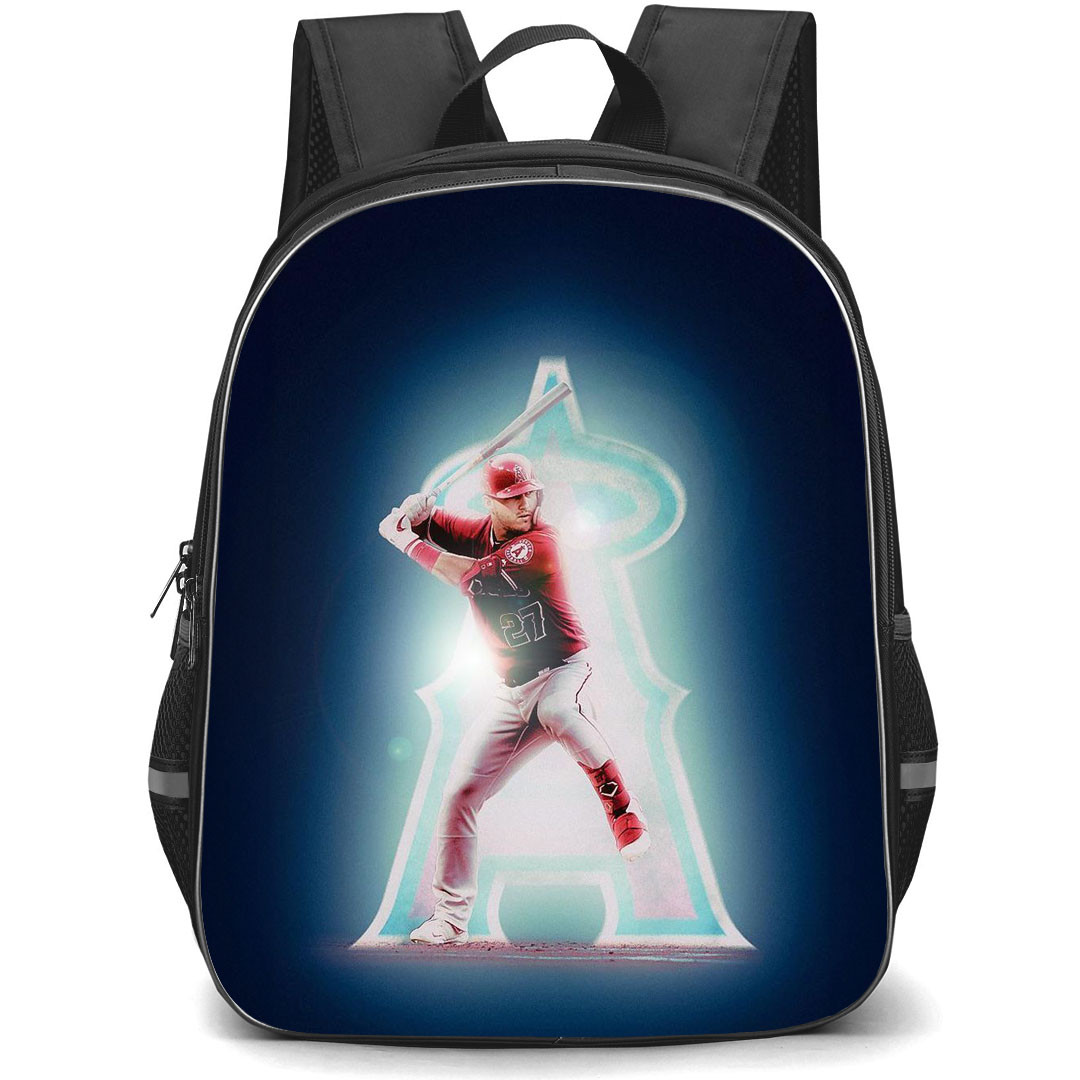MLB Mike Trout Backpack StudentPack - Mike Trout Los Angeles Angels Hitting Posture ON Blue Background