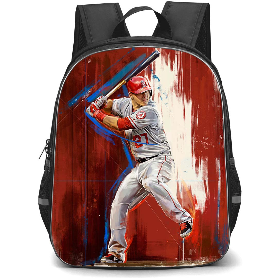 MLB Mike Trout Backpack StudentPack - Mike Trout Los Angeles Angels Hitting Posture Oil Paint Art Red Background