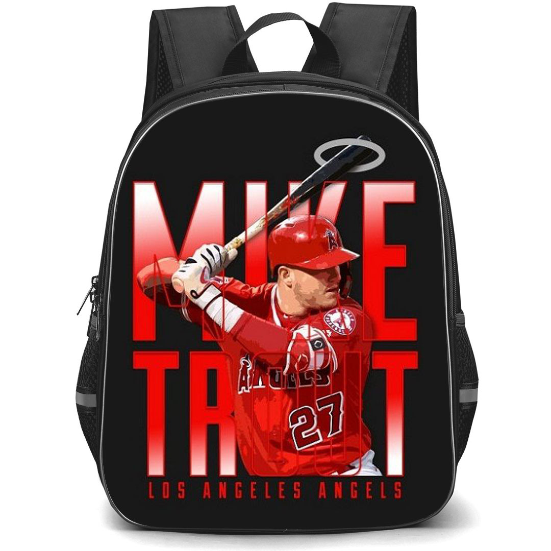 MLB Mike Trout Backpack StudentPack - Mike Trout Los Angeles Angels Hitting Pose On Word Art Black Background