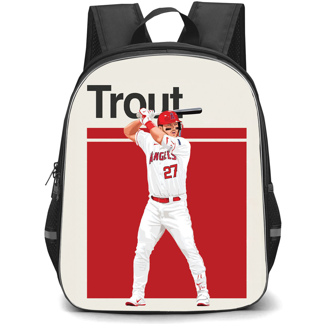 MLB Mike Trout Backpack StudentPack - Mike Trout Los Angeles Angels Standing On Red Background