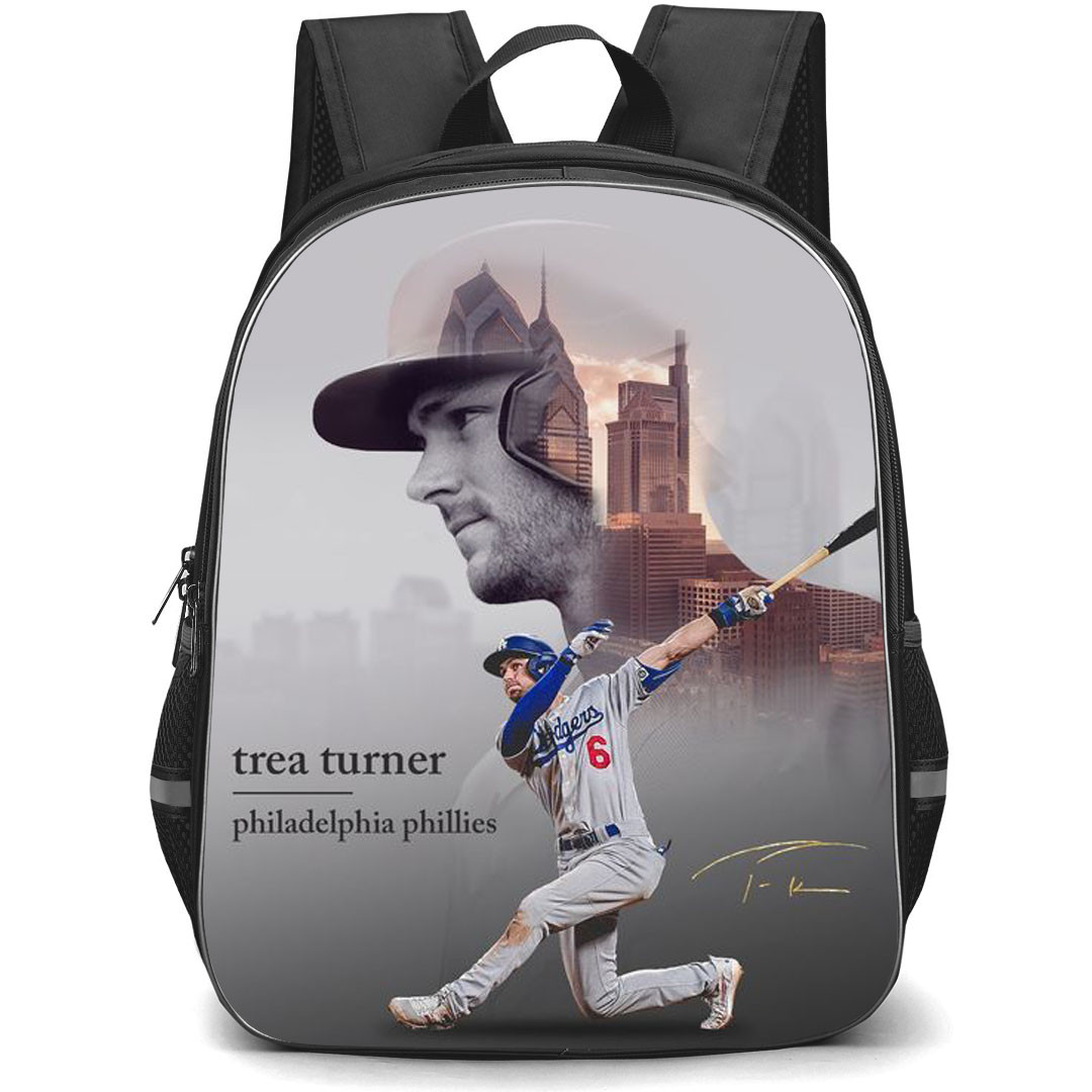 MLB Trea Turner Backpack StudentPack - Trea Turner Philadelphia Phillies Side Grayscale Portrait On Skyscraper Background