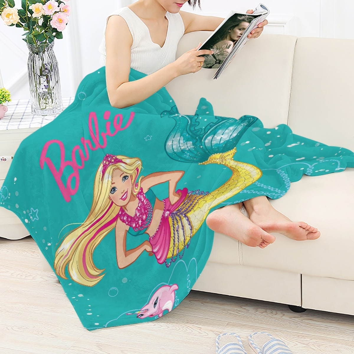 Barbie Blanket Throw - Mermaid Barbie Yellow Tail Cartoon Art | Shirt Chic