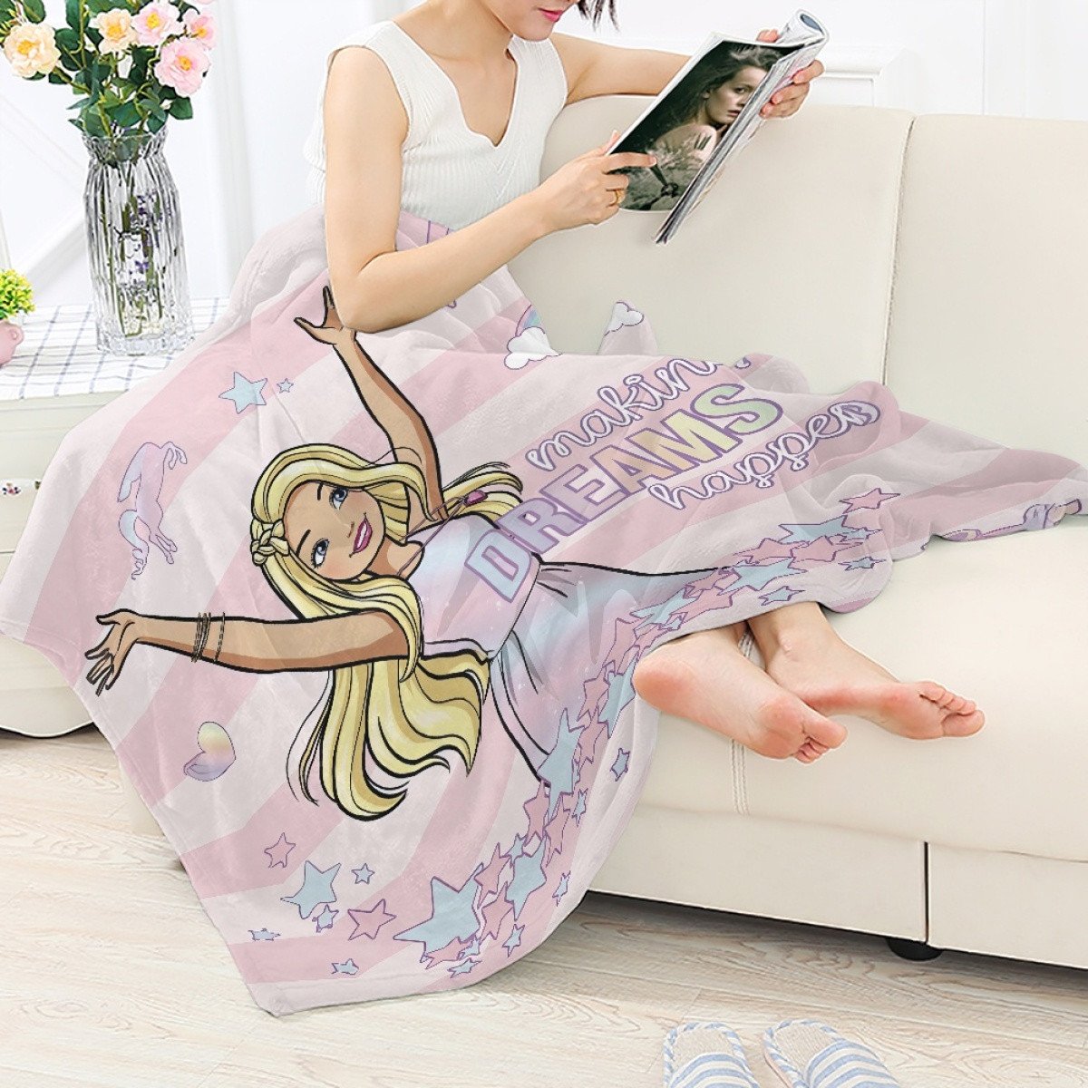 Barbie Blanket Throw - Barbie Raising Hand Pastel Cartoon Art | Shirt Chic