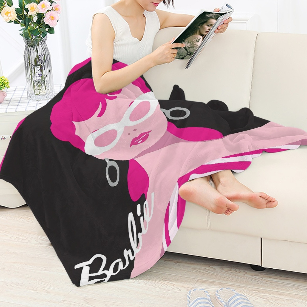 Barbie Blanket Throw - Barbie White Shades Black Pink Pop Art | Shirt Chic