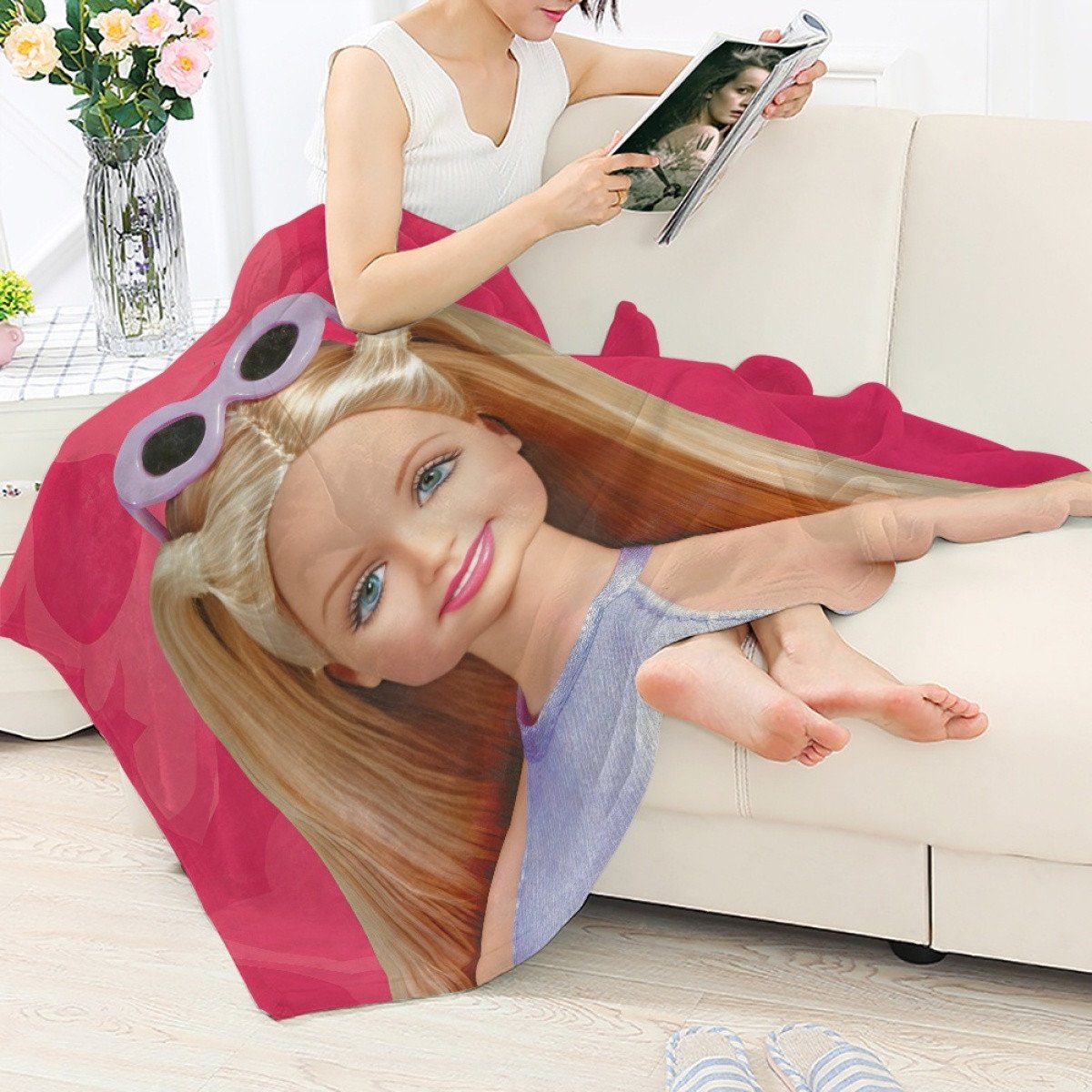 Barbie Blanket Throw - Barbie Smiling With Shades Above Head Realistic ...